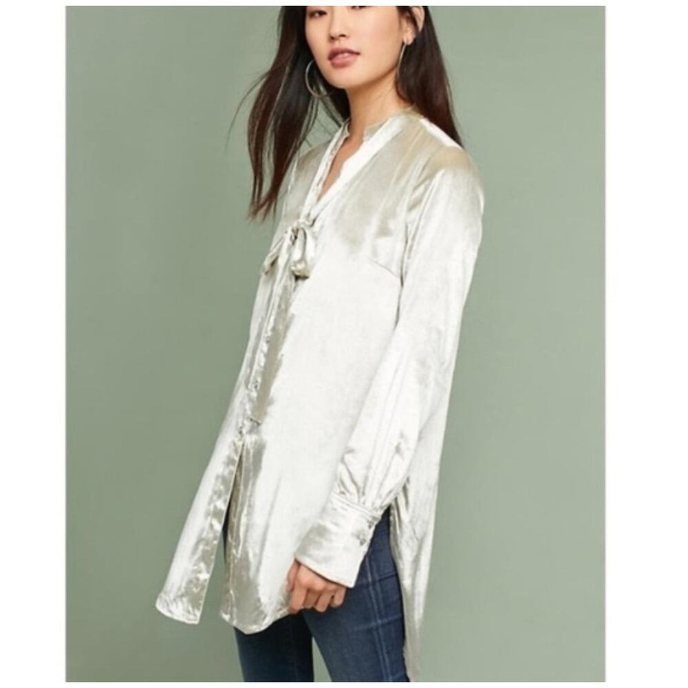 Maeve Anthropologie Women's Cream Iridescent Velvet Tie Neck Tunic Top Sz 2